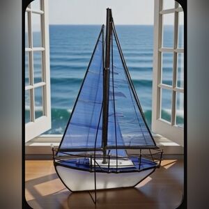 Vtg Stained Glass Sailboat Nautical Sailing Boat Beach House Art Sculpture 10"